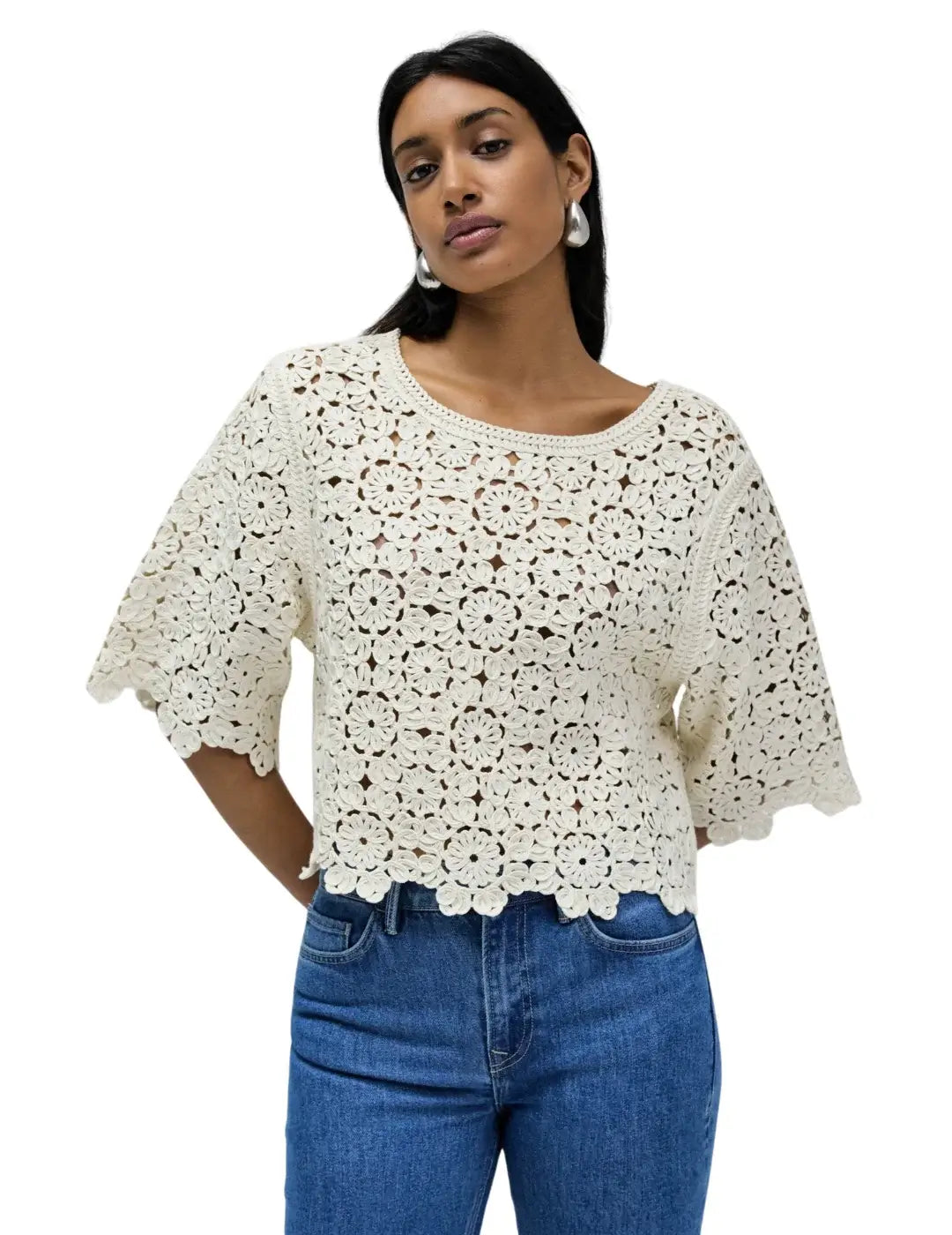 Camiseta Crochet Floral Salsa Jeans Beige | Bicos de Fío