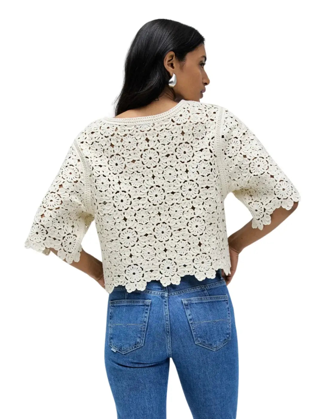 Camiseta Crochet Floral Salsa Jeans Beige | Bicos de Fío