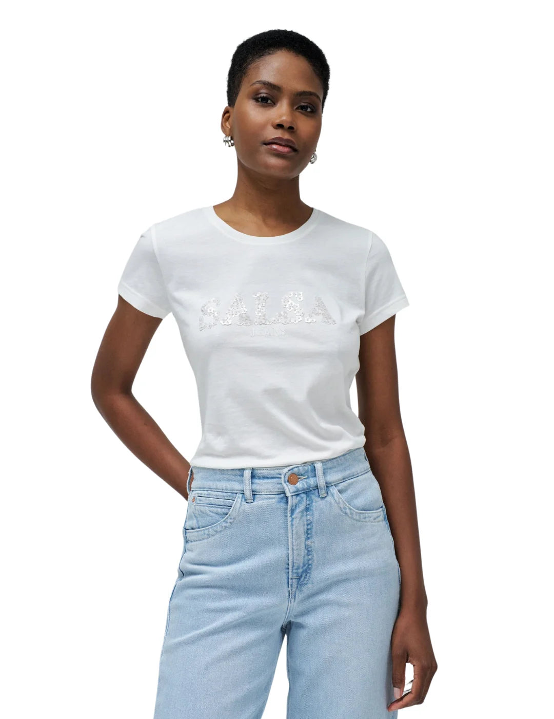 Camiseta Logo Flores Salsa Jeans Blanco | Bicos de Fío