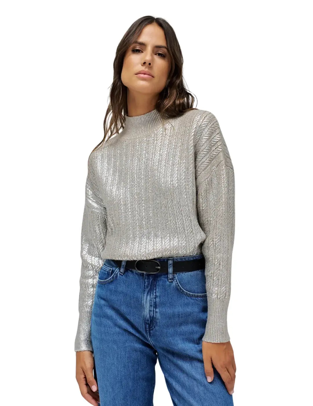 Jersey Cuello Alto Brillante Salsa Jeans Gris | Bicos de Fío