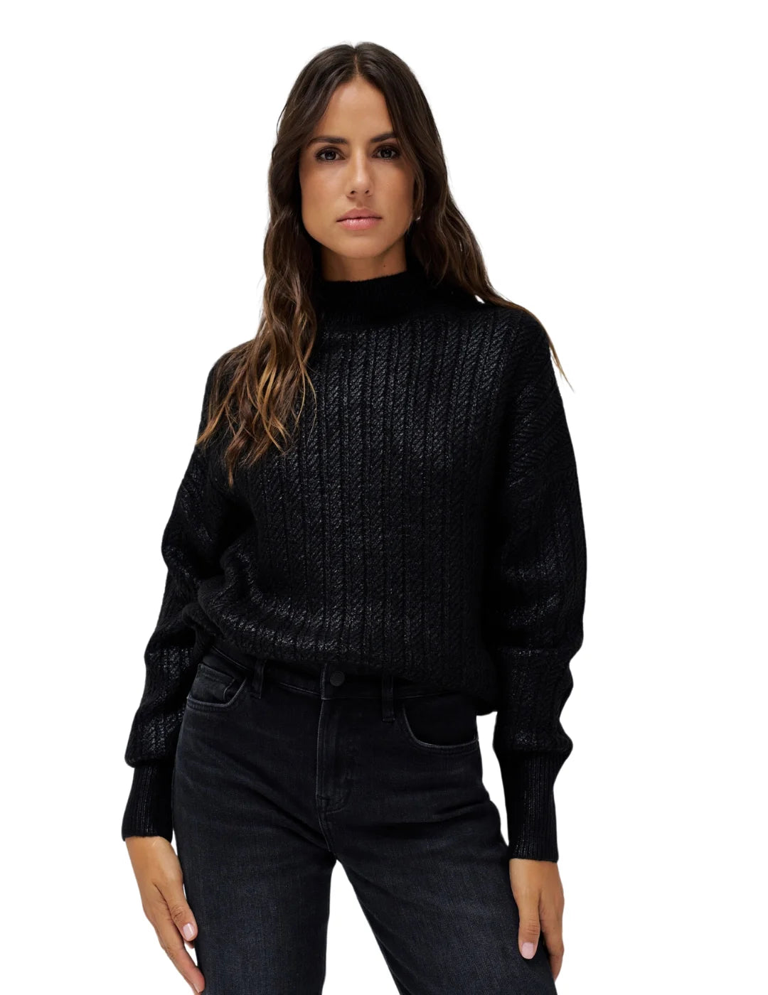 Jersey Cuello Alto Brillante Salsa Jeans Negro | Bicos de Fío